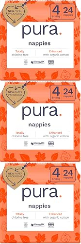 Pura Couches Écologiques, Taille 4 (8-14kg), 3 Paquet (24 Unités) en Coton Bio pour Peau Sensible - Protection Jusqu'à 12 Heures Contre les Fuites