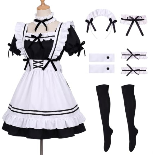 BUERPINKING Maid Dress Anime Fransk, Maid Outfit Lolita, Cosplay kostym, hårsmycken, handskar, strumpset för halloween och karneval