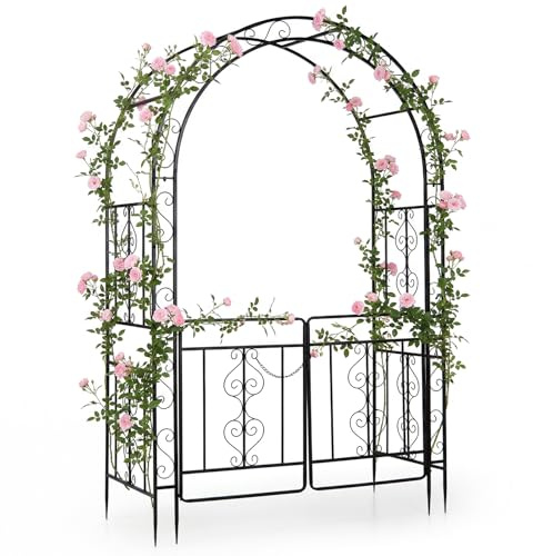 COSTWAY Rosenbåge med dörr, trädgårdsbåge av metall, stabil, 135 x 60 x 213 cm