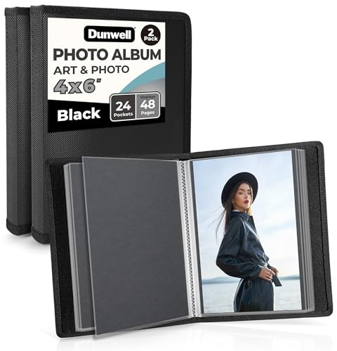 Dunwell 4x6 Photo Album (2-Pack, Black), Mounting Paper, Small 4 x 6 Art Portfolio Presentation Binder, 24 Clear Sleeves Show 48 Pages, Professional Picture Book for Artwork, Postcards