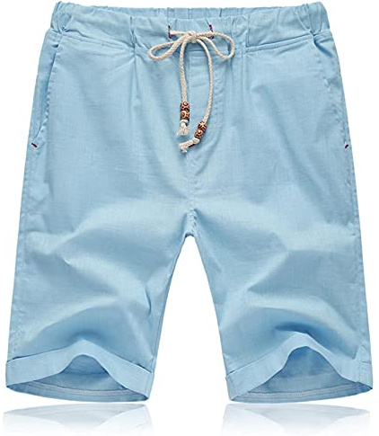 JustSun Pantaloncini Uomo Shorts Lino Cotone Corti Pantaloncini Uomo con Tasche Estivi Blu Cielo L