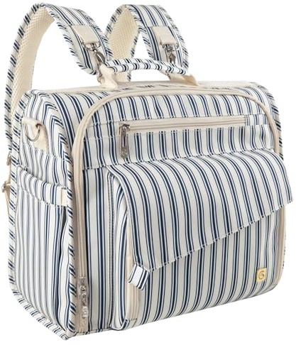 ALLCAMP Diaper Backpack, Waterproof Large Capacity Baby Bag, Multi-Function Nappy Bag with Stroller Hooks, Convertible Tote (Blue Stripe)