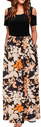 STYLEWORD Abito Donna Estivo Lungo Spalla Fredda Estiva Manica Corta Stampa Elegante Floreale Vestito con Tasche, XL