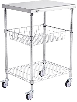 VEVOR Kitchen Utility Cart, 36.6x20x24 3 Tiers Wire Rolling Cart, 470LBS Capacity Steel Service Cart with Brake Wheels, Storage Trolley with 76mm Basket PP Liner 6 Hooks, for Indoor & Outdoor Use