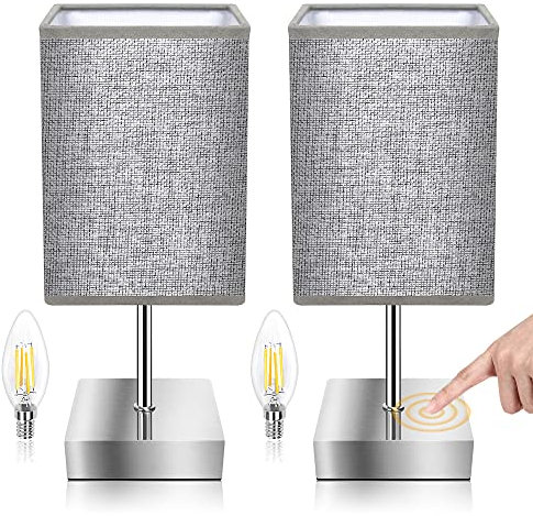 Touch Control Table Lamp Set of 2, 3-Way Dimmable Bedside Lamps Nightstand Lamps with Flaxen Fabric Shade for Bedroom Living Room,LED Bulb Included (Grey-2Pcs)