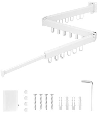 QWORK® Wandmontierter Kleiderständer 120cm, Kleiderhaken Klappbar, Wäschetrockner Wand, für Balkon, Küche, Badezimmer, Weiss