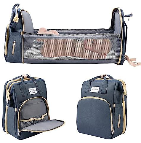 Baby Changing Bag Backpack, Portable Nappy Changing Backpacks with Foldable Cot Bed, Large Capacity Baby Diaper Bag with Changing Pad, Waterproof Mummy Shoulder Bag for Travel with Stroller Straps