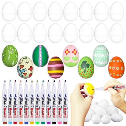 Crtiin 24 Pcs DIY White Blank Easter Eggs Paintable Hanging Plastic Fillable Fake Eggs to Color Paint Your Own Gifts with 12 Markers for Easter Party Gifts Basket Filler Crafts