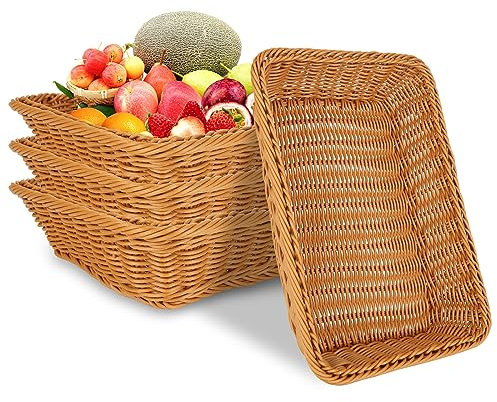 DAJAVE 4 Pièces Corbeille a Pain en Poly Osier 35X25X7CM Panier a Pain, Panier Osier Rangement, Corbeille a Fruit Osiers, Paniers de Service Rectangulaire pour la Cuisine, le Restaurant, le Magasin