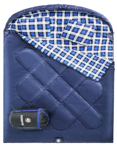 ShinHye Double Sleeping Bag for Adults with 2 Pillows, Camping Flannel Cotton 2 Person XXL Queen Size Sleeping Bag for Cold Weather (Navy, 9262)