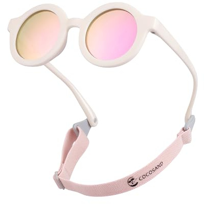 COCOSAND Baby Sunglasses with Strap Polarized UV Protection Flexible Frame with Soft Silicone Nose Pads for Toddler Infant Kids Girl Boy 0-24 Months, White with Pink Lens