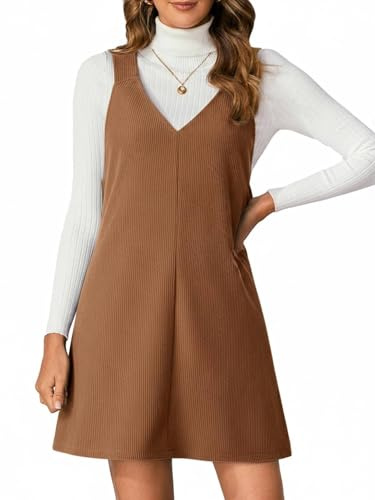 Milumia Women V Neck Corduroy Overall Dress 2026 Spring Mini Pinafore Jumper Dress Coffee