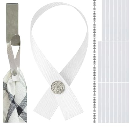 Your Day Mate Appendino senza cucitura per tessuti, confezione da 24, 180 x 12 mm, in bianco, con chiusura a spillo e bottone, linguette per asciugamano da tè, asciugamano da bagno, straccio, stoffa