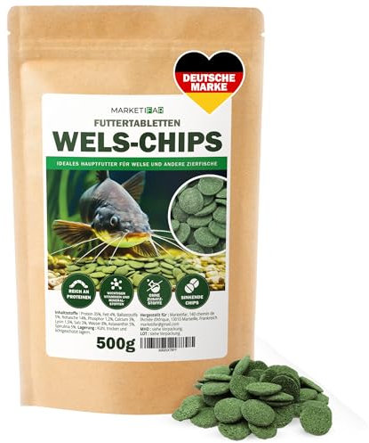 MARKETIFAR Wels Futtertabletten 500g - 1L Fishfutter Aquarium mit Spirulina - Sinkende Chips für Welse und Zierfische - Hochwertiges Welsfutter - Optimale Nährstoffversorgung