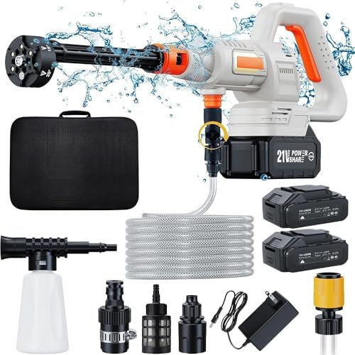 Hidrolimpiadora Bateria 200Bar, Pistola de Agua Alta Presión 4.0Ah, Boquilla 6 en 1, Hidrolimpiadora Portátil 15000mAh para Jardín y Coche (2× Baterías 4,0 Ah)