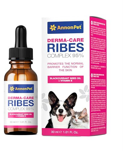 AnnonPet® Derma-Care Ribes Complex 95% - Integratore per Cani e Gatti, Supporta Cute e Pelo - Omega 3 per Cani - Vitamina E per Pelle Sana - Integratore per Dermatite Cane e Gatto 30 ml