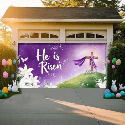Couverture de Porte de Garage de Pâques, He Is Risen Printemps de Pâques Décoration de Porte de Garage, Bannière de Porte de Garage de Pâques Toile de Fond pour Décoration Murale Porte