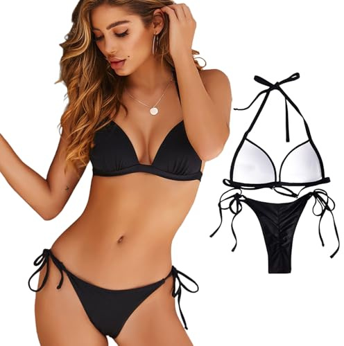 Anseom Triangle Bikini Set Two Piece Tie String Swimsuit for Women Sexy Bikini Swimsuit Halter Triangle Beach Swimwear (UK, Alpha, S, Regular, Regular, Black)