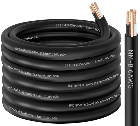 NM-B 6/3 Wire with Ground,50ft 6/3 NM-B W/G Wire 6 AWG Nonmetallic Sheathed NM-B Cable,Copper 6 Gauge 3 Conductor Residential Indoor Electrical Wiring for Branch Circuit Switches,Outlets,Other Loads