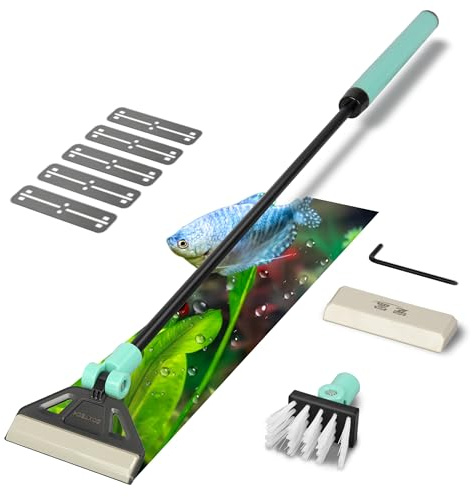 UPETTOOLS Algae Scraper for Glass Aquariums, 2 in 1 Adjustable Algae Scraper with 5 Stainless Steel Blades and Cleaning Brush, Aquarium Glass Cleaning Tools for 20-40 Gallon Fish Tank