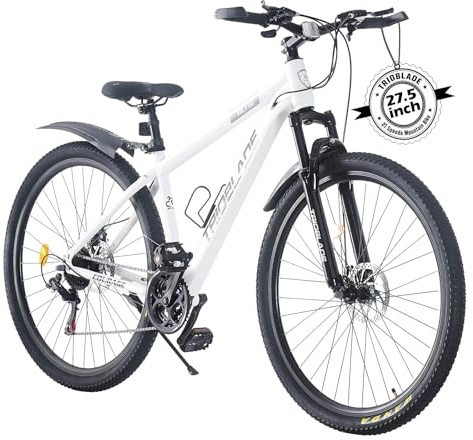 TRIOBLADE 24/26/27.5/29 Inch Mountain Bike 21 Speeds Bike 17.5 Inch Lightweight Aluminium Frame Bicycle for Adult Men Women, Lockout Suspension Fork, Dual Disc Brake (27.5inch, White)