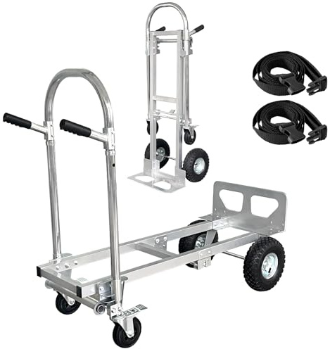 Nebicals Silver Convertible Hand Truck Dolly Cart with Wheels Heavy Duty, 1000 Lbs Capacity, 2 Straps for Moving Furniture/Appliance/Carton/Warehouse/Office/Easy to Follow Video to Install