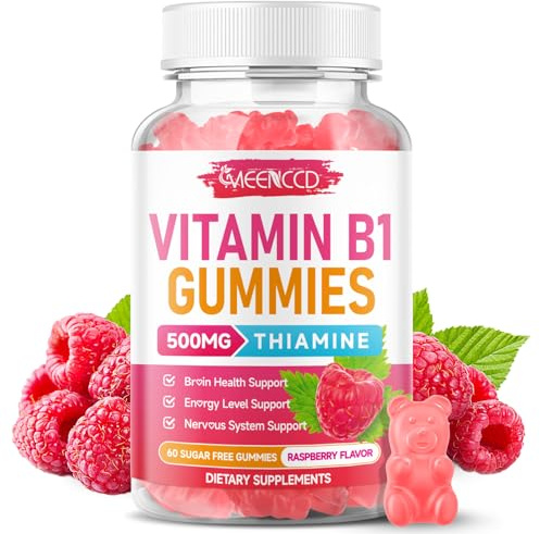 MEENCCD Vitamin B1 Gummies 500mg, Thiamine B1 Supplement Supports Energy Production, B1 Vitamin for Adults & Kids, Sugar-Free, Vegan, Raspberry Flavor, 60 Count