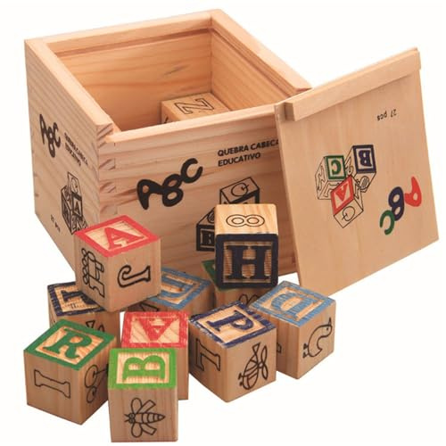 Generisch Lot de 27 blocs de construction en bois avec lettres de l'alphabet dans une boîte en bois - Chiffres anglais - Animaux - Fruits - Illustrations - Jouets éducatifs - 1 an, 2 ans, 3 ans