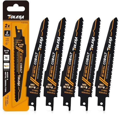 TOLESA Hojas de sierra de sable para demolición de madera y metal 150mm 8+10TPI Hojas de sierra para corte de tubos de acero, paneles de yeso, aglomerado, plástico reforzado con fibra de vidrio y