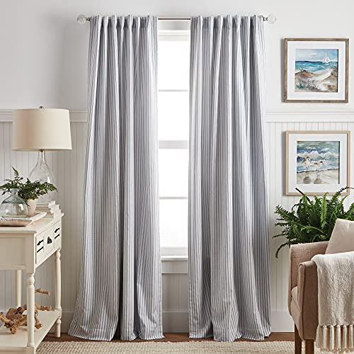 Martha Stewart Ticking Stripe Blackout Lining Rod Pocket/Back Tab Window Curtain Panel Pair, 84, White/Indigo, Set of 2