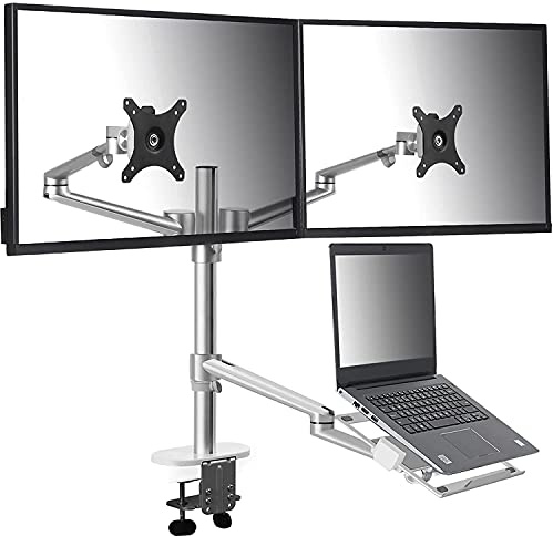 ThingyClub Height Adjustable 3 in 1 Laptop Monitor Stand Compatible with 12 to 17 inch Laptop, Hold 2 Monitors up to 27 inch with VESA, Monitor Desk Stand arm Riser Mount Stand Workstation (Silver)