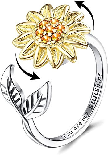 MILACOLATO Fidget Ring for Women Kids Girls Anxiety Rings Open Adjustable Silver Sunflower Opal Moonstone Star Moon Snow Lotus Spinner Mood Rings Knuckle Rings Jewellery