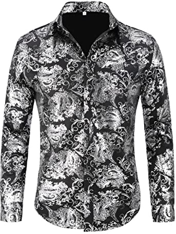 Allthemen Jacquard skjorta för män, långärmad satin fritidsskjorta, paisley, herrskjorta för fest, bröllop