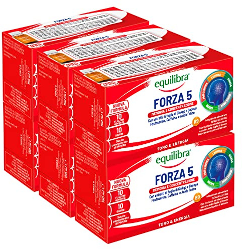 6x Equilibra Integratore Forza 5 per Memoria e Concentrazione con Acido Folico ed Estratti di Ginkgo Senza Glutine e Lattosio - 6 Confezioni da 10 Flaconi