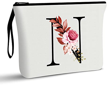 A-Z Personalized Makeup Bag, Birthday Gifts for Women Mom Bridesmaid (N) | Initial Gifts for Best Friend, Bride Girls, Cosmetic Bag