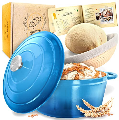 KRUSTENZAUBER Gusseisen Topf Brot Backen [inkl. Gärkorb] - Hochwertiger Emaille Topf 26cm - Idealer gusseiserner Brottopf zum Backen, Gusseisentopf Brotbacken, Brot Backen Zubehör