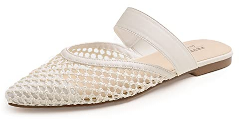 Feversole Pointed Toe Casual Slingback Flat Mules Women's Fashion Mesh Strap Slide Summer Slippers White Vegan Leather Size 6