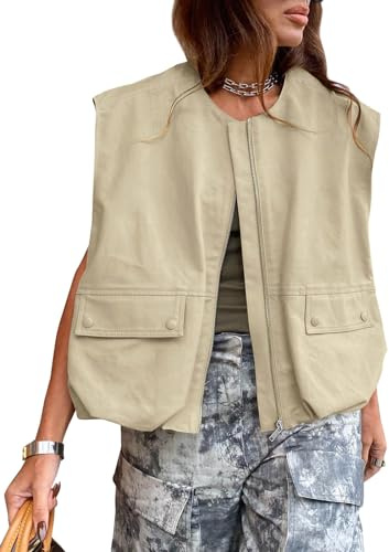Tankaneo Womens Streetwear Vest Cargo Oversized Sleeveless Jackets Tops
