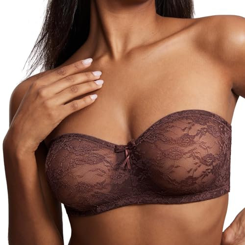 DOBREVA Women's Strapless Bras See Through Sheer Lace Non Padded Underwired Multiway Bra Hazelnut 36C