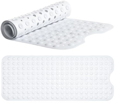 White Bath Mat - Machine Washable Shower Mat For Kids And Elderly - (101x40cm) Extra Long Bath Mat Non Slip Anti Mould Shower Mat - Rubber Suction Cup Non-Slip Bath Mats for Inside Bath