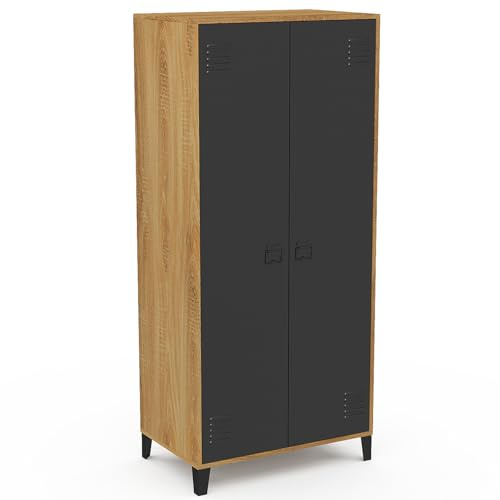 IDMarket – Armario Ester 2 puertas metal negro y contorno madera diseño industrial