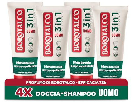 Borotalco, Bagnoschiuma Corpo Original, Docciaschiuma per Pelle Morbida e Vellutata, Effetto Borotalco sulla Pelle, Ideale per Uomo e Donna, Dermatologicamente Testato, 4 Flaconi da 200 ml