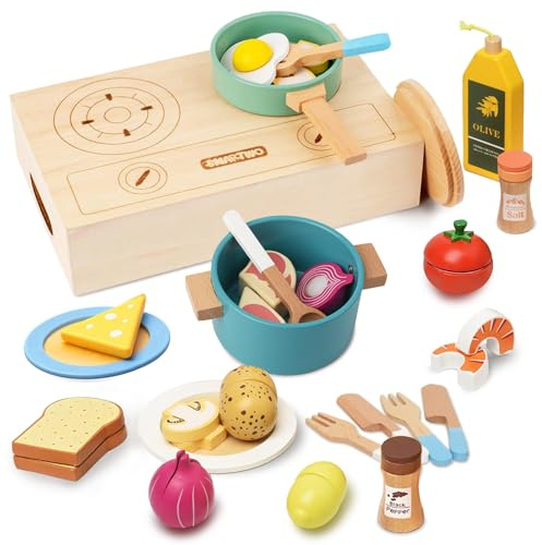 Smartwo Accessoire Cuisine Enfant, Dinette en Bois 3 4 5 Ans, 27PCS, Jouet Cuisine Bebe avec Casseroles, Poêles, Aliments à Découper, Jeux Imitation, Cadeau pour Filles Garçons