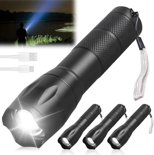Lot de 4 mini lampes de poche LED rechargeables, ultra lumineuses, avec 5 modes, zoomable et longue durée de vie, étanche IP65, Lampe Torche Portable Idéal pour Camping Lecture Cyclisme Barbecue Fête