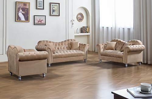 Ensemble de Canapés Chesterfield 3+2 Places en Velours Beige – Design Italien, Style Anglais, Élégance et Confort pour Le Salon