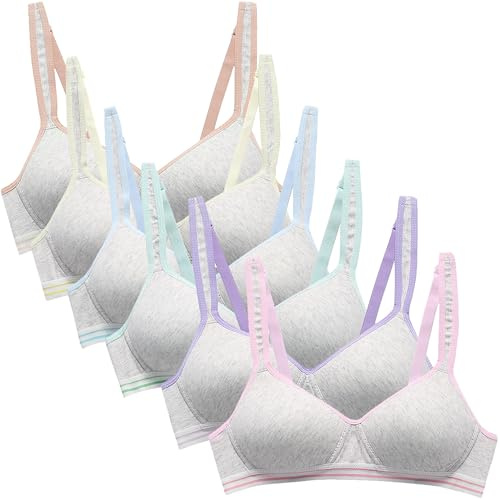 FEOYA Teens Training Bras for Girl Adjustable Cotton Bra with Padded Soft Lightly Wireless Training Bra Pack of 6