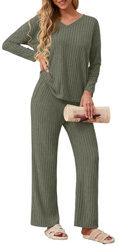 GRECERELLE Womens Pyjamas Set Lounge Wear Pjs for Women UK Ribbed Loungewear Autumn 2 Piece Outfits V-Neck Long Sleeve Blouses And Wide Leg Trousers Sleepwear Homewear