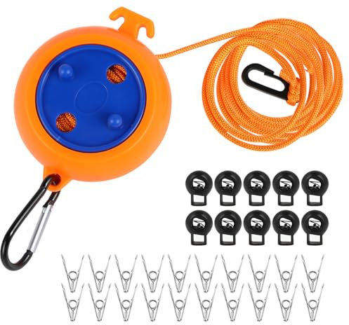 10M Corde à Linge Rétractable - Portable Anti-Enroulement Corde à Linge de Voyage avec 10 Boucles Fixes et 20 Pinces Coupe-Vent - Corde à Linge Rétractable pour Extérieur et Intérieur