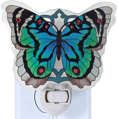 Butterfly Night Light Plug into Wall – Made with Real Glass, Stained Glass Styled Nightlight for Hallway, Nursery, Bedroom, Bathroom, Kitchen, Stairway – Nature Inspired Accent Home Décor-Green Blue