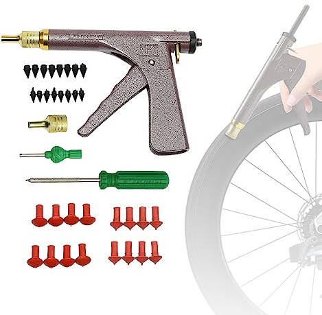 Kit di riparazione pneumatici senza camera d'aria con pistola, dotato di tappi funghi per riparare punture e flat su auto, moto, mountain bike, camion e trattori